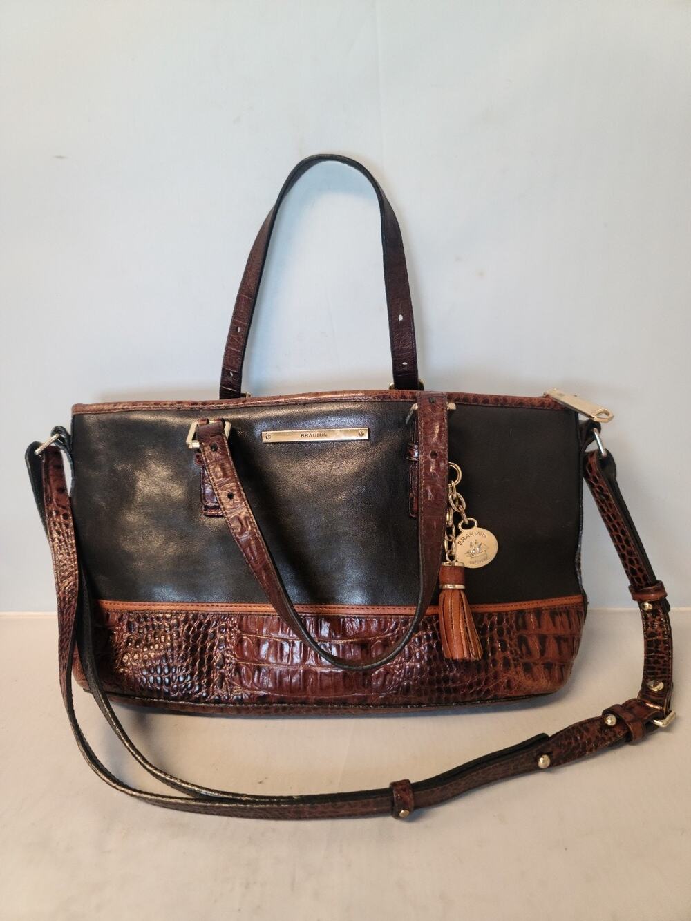 Brahmin Mini Asher Satchel/Tote Genuine Black Leather Croc-Embossed Handbag